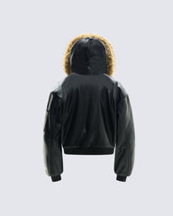 Faux Fur Hooded PU Leather Bomber Jacket