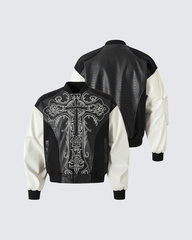 Gothic Cross Embroidered Faux Leather Varsity Jacket