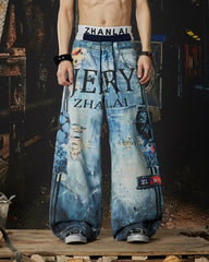 New Triple Waistband 3D Print Street Wide Pants