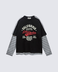 American Retro Patchwork Faux Two-Piece Long-Sleeved T-Shirt