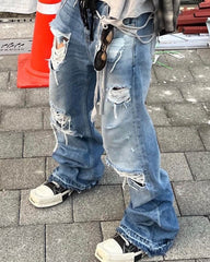 Ripped Wide Leg Flared Cat Whisker Jeans