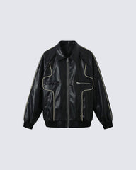 Vintage-Inspired Faux Leather Bomber Jacket