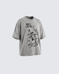 Vintage Washed Chain Cross Graphic Oversized T-Shirt