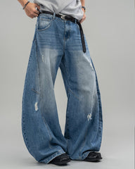 Pleated Blade-Cut Washed Jeans