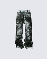 Grunge Snake Print Stacked Washed Jeans