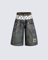 Retro Mixed Denim Polka Shorts