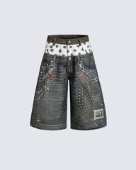 Retro Mixed Denim Polka Shorts