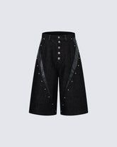 Deconstructed Wide Leg Faux Leather Denim Shorts