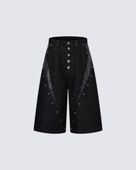 Deconstructed Wide Leg Faux Leather Denim Shorts