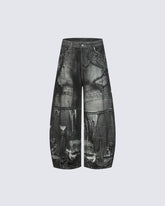Graphic Print Wide-Leg Denim Jeans