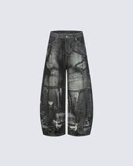 Graphic Print Wide-Leg Denim Jeans