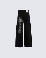 Cross Letter Print Wide-Leg Cargo Pants