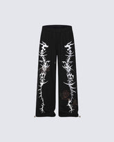 Y2K Dark Dragon Rose Rhinestone Straight Leg Sweatpants