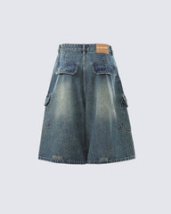 Distressed Multi-Pocket Graphic Denim Shorts