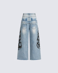 Vintage Wide-Leg Denim Pants with Flame Print