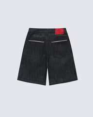 Metal Buckle Raw Black Denim Jort Shorts