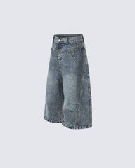 Retro Washed Studded Denim Capri Pants