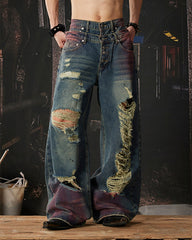 New Double Waist Spray Distressed Jeans