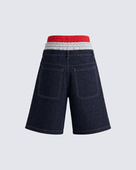 American Three-Waist Patchwork Denim Shorts