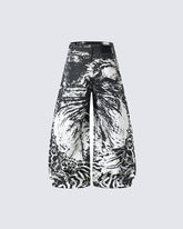 Monochrome Abstract Graphic Wide Leg Denim Pants