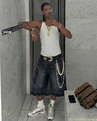 American Inverted Design Washed Cargo Denim Shorts