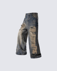 Distressed Washed Baggy Denim Pants
