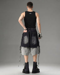 Street-Edge Distressed Frayed Patch Denim Shorts