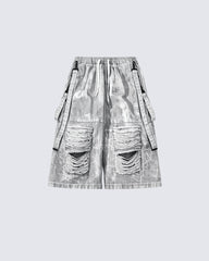 Vintage Distressed Loose Denim Cargo Shorts