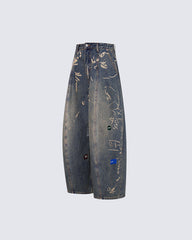 Vintage Graffiti Print Wide Leg Denim Pants New
