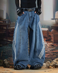 Washed Side Stripe Panel Denim Pants