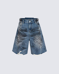 Distressed Crinkled Irregular Knee-Length Denim Shorts
