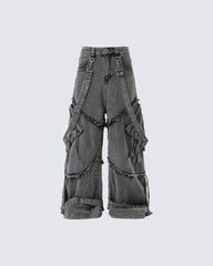 Detachable Strap Dark Heavy Deconstructed Jeans