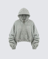 LOW SATURATION-Distressed Cropped Zip-Up Hoodie