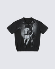 American Street Style Retro Pegasus Print Polo Collar Top