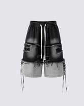 Street-Edge Distressed Frayed Patch Denim Shorts