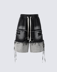 Street-Edge Distressed Frayed Patch Denim Shorts