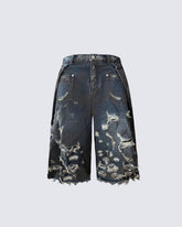 Destroyed Raw-Hem Denim Bermuda Shorts