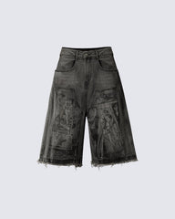 Vintage Graphic Washed Five-Length Denim Shorts