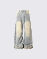 Wide-Leg Denim Jeans with Buttoned Hem