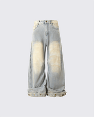 Wide-Leg Denim Jeans with Buttoned Hem