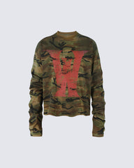 Vintage Distressed Camo Print Long Sleeve T-shirt