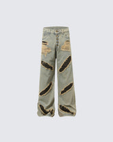 Post-Apocalyptic Printed Distressed Floor-Length Jeans