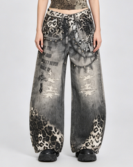 Leopard Print Spiked Graphic Barrel Denim Pants