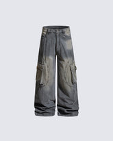 American-Style Distressed Vintage Washed Multi-Pocket Wide-Leg Jeans