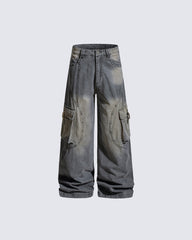 American-Style Distressed Vintage Washed Multi-Pocket Wide-Leg Jeans