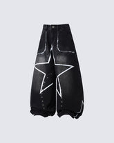 Oversized Star Print Wide Leg Denim Pants