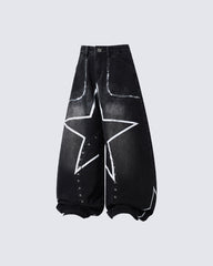 Oversized Star Print Wide Leg Denim Pants