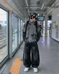 LOW SATURATION-Washed Wide-Leg Denim Pants