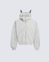 Horned Studded Zip-Up Hoodie with Ear Detail