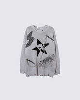 Punk Star Chain Distressed Knit Sweater